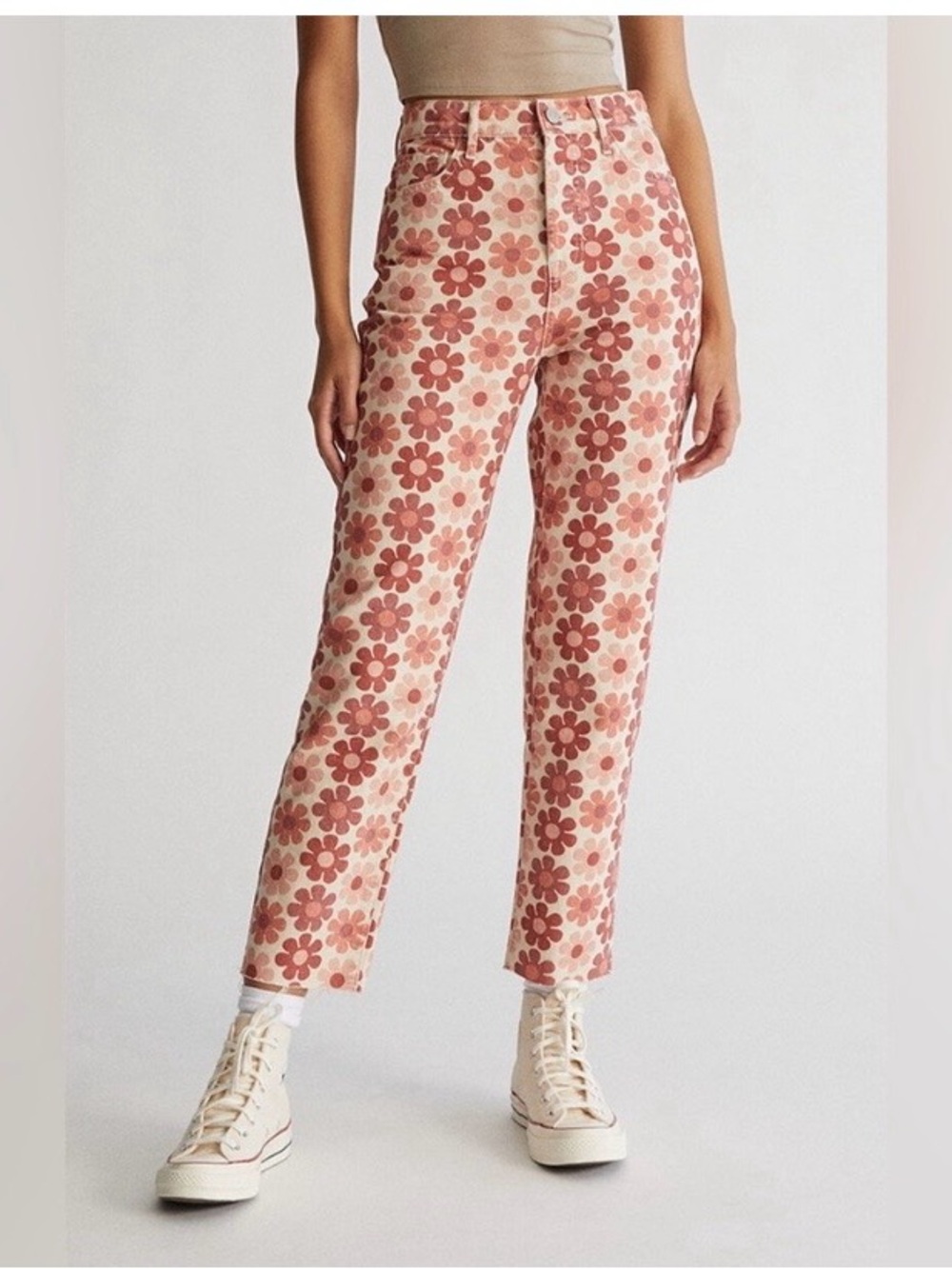 PacSun High-Rise Floral Crop Jeans in Pink and Cream